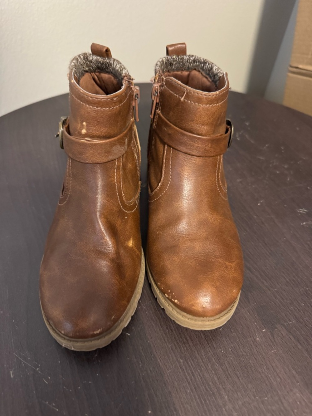 Kids Brown Faux Leather Winter Ankle Boots - Cozy Trim Lining